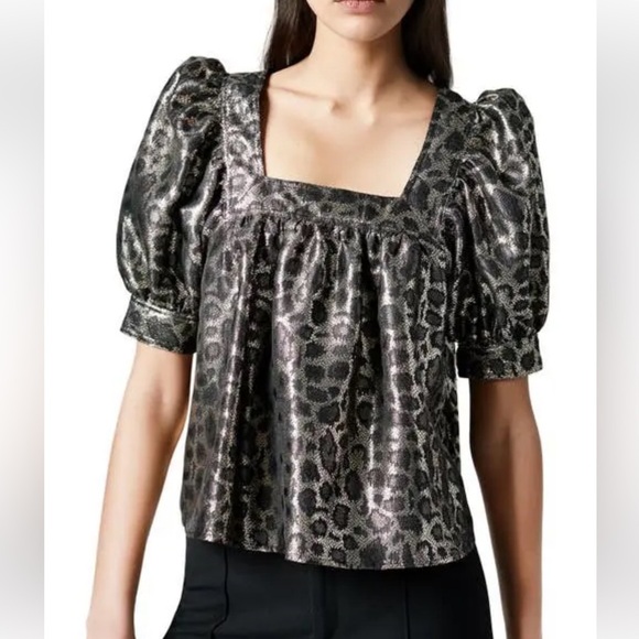 Smythe - leopard square neck Metallic Leopard Print Puff Sleeve Top- Small - Picture 1 of 6